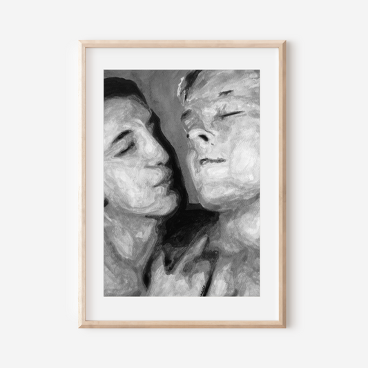 Black and white watercolor painting of a gay couple, one gazing softly at the other, in a gentle romantic moment.