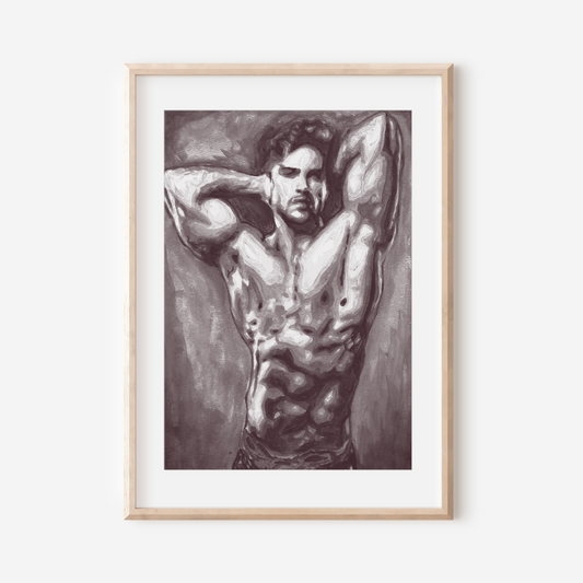 Framed artwork of a muscular man on a white wall