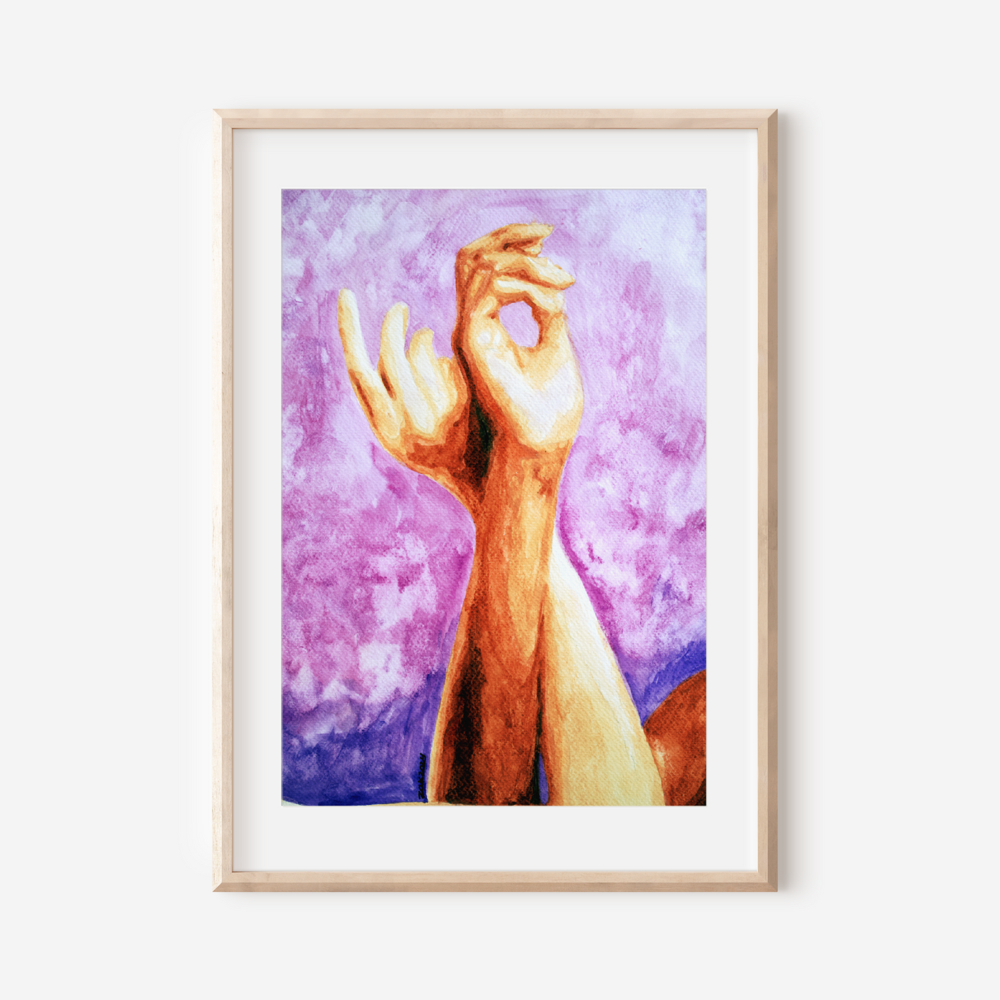 Framed artwork of a hand making a gesture against a purple and pink gradient background