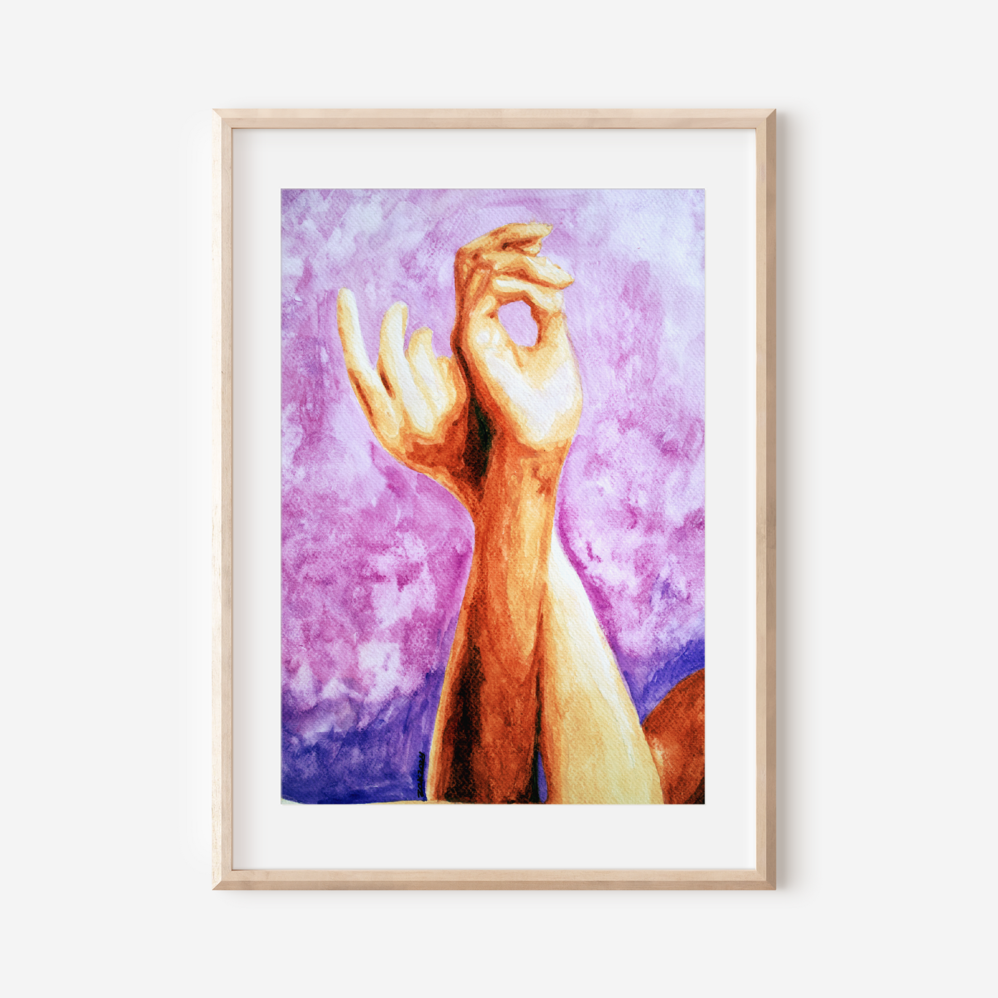Framed artwork of a hand making a gesture against a purple and pink gradient background