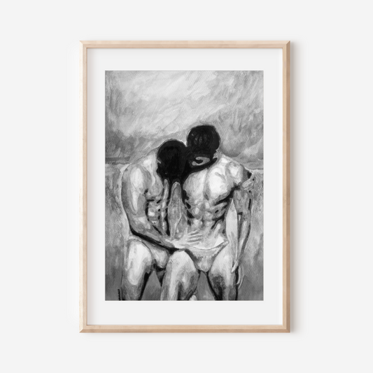 Black-and-white artwork of two men touching at the waist in a grayscale field. LGBTQ+ queer expression by Zak Pop Art.