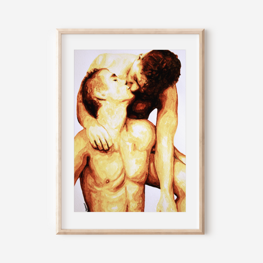 Framed artwork of two nude figures embracing on a white background
