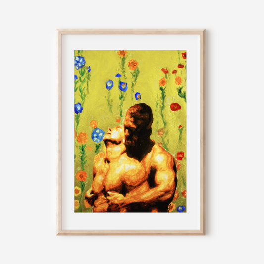 Watercolor painting of a gay couple: one man hugs his partner from behind and kisses his neck. The artwork is painted in warm beige and gold tones with a colorful floral background resembling a vintage shower curtain, symbolizing queer love and home intimacy.
