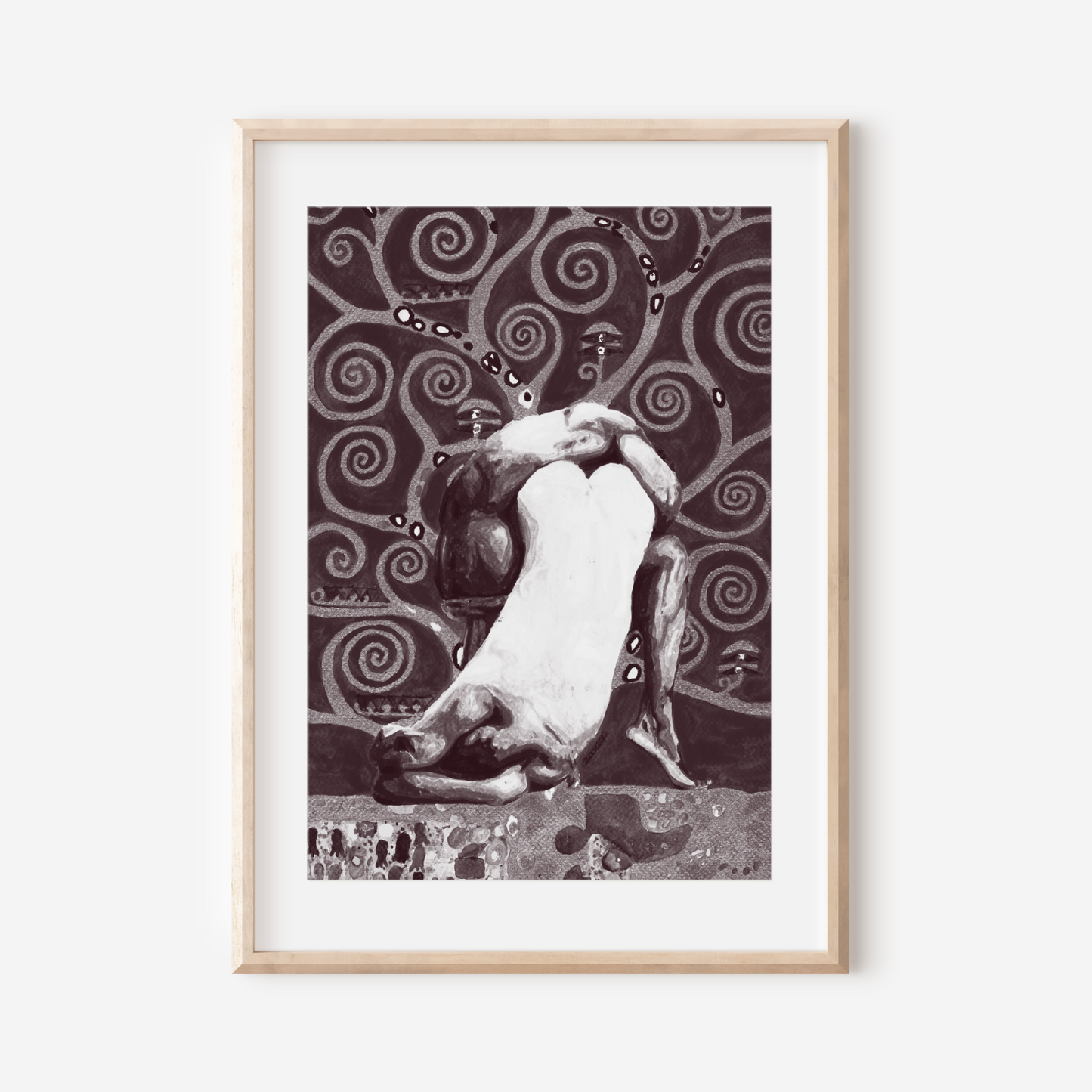 Framed artwork of a stylized nude figure with swirling patterns on a white wall.