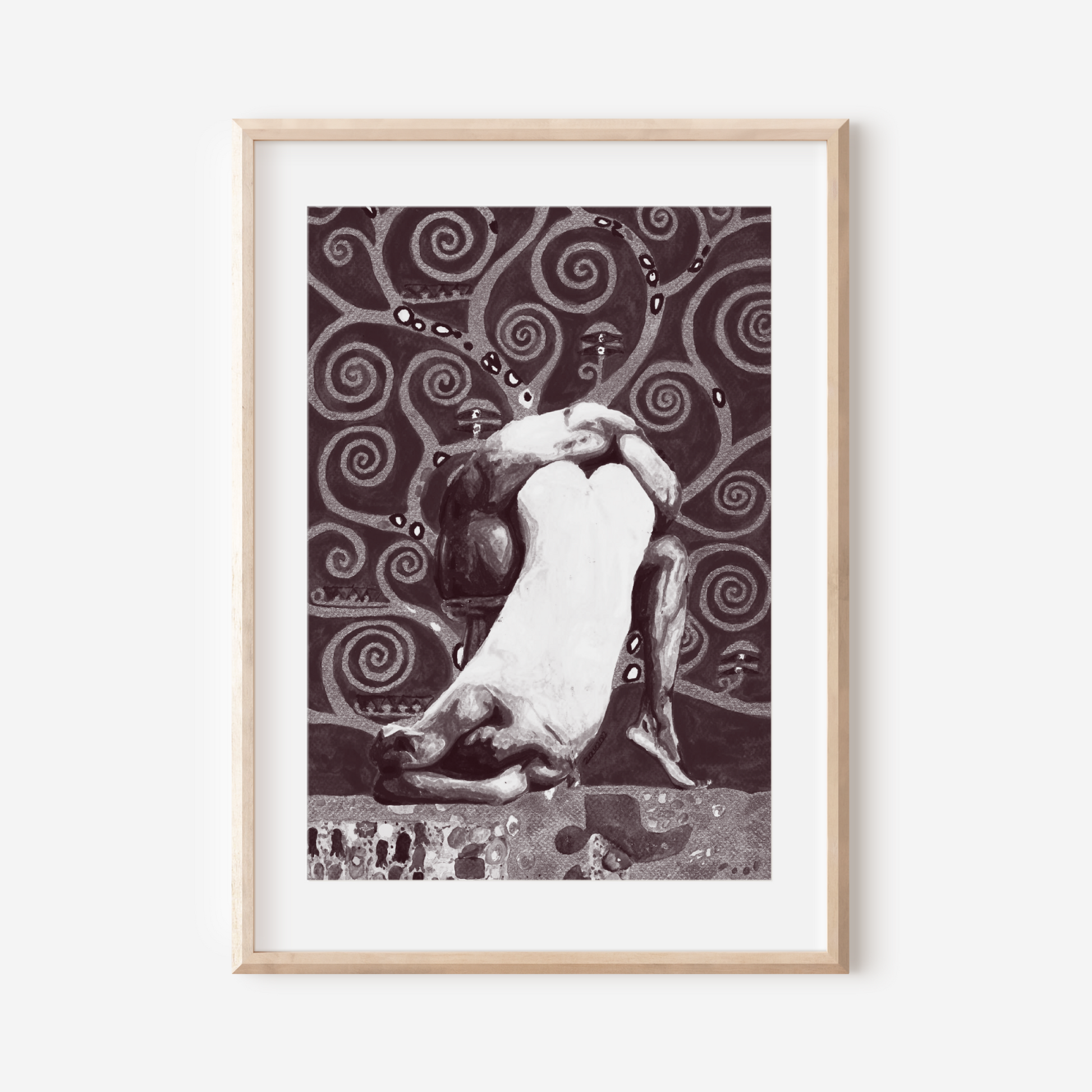 Framed artwork of a stylized nude figure with swirling patterns on a white wall.