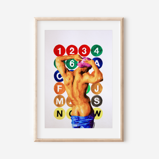 Framed artwork of a muscular figure with colorful letters and numbers on a white wall.