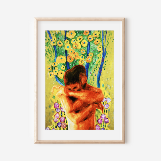 Watercolor of two nude men embracing under a tree with yellow flowers, surrounded by golden light, expressing love and queer connection.