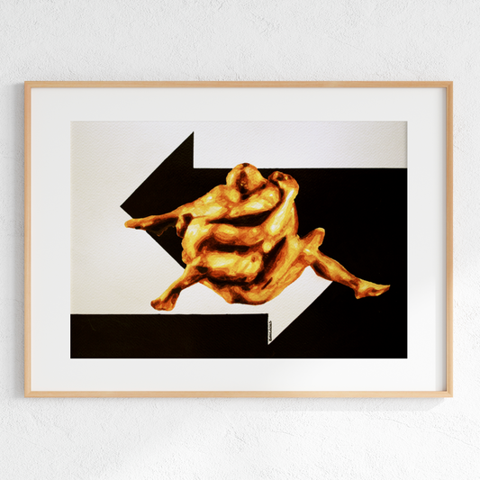 Colorful LGBTQ+ art print of two nude men intertwined into one body, with arrows from both right and left sides, created in Zak Pop Art style.