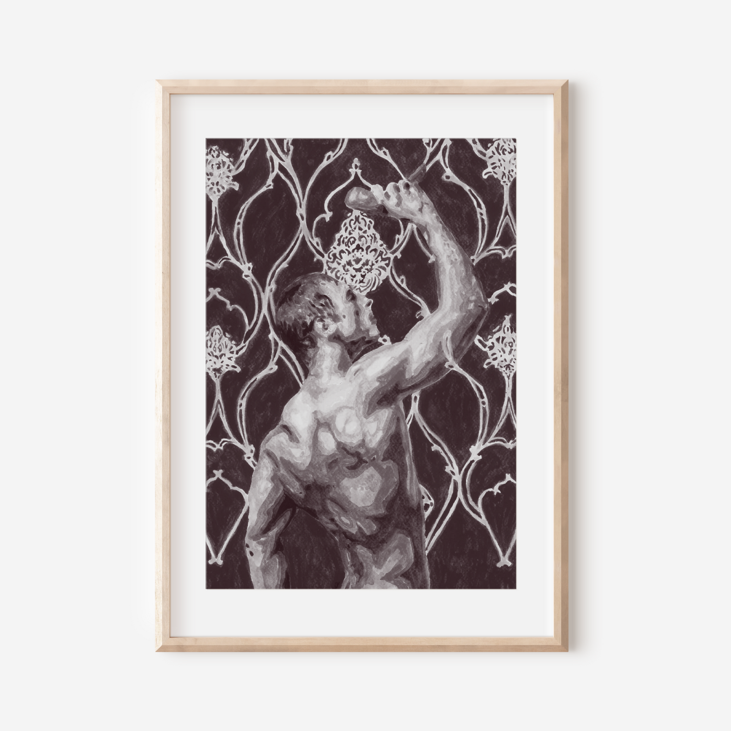 Framed artwork of a classical statue against a decorative patterned background