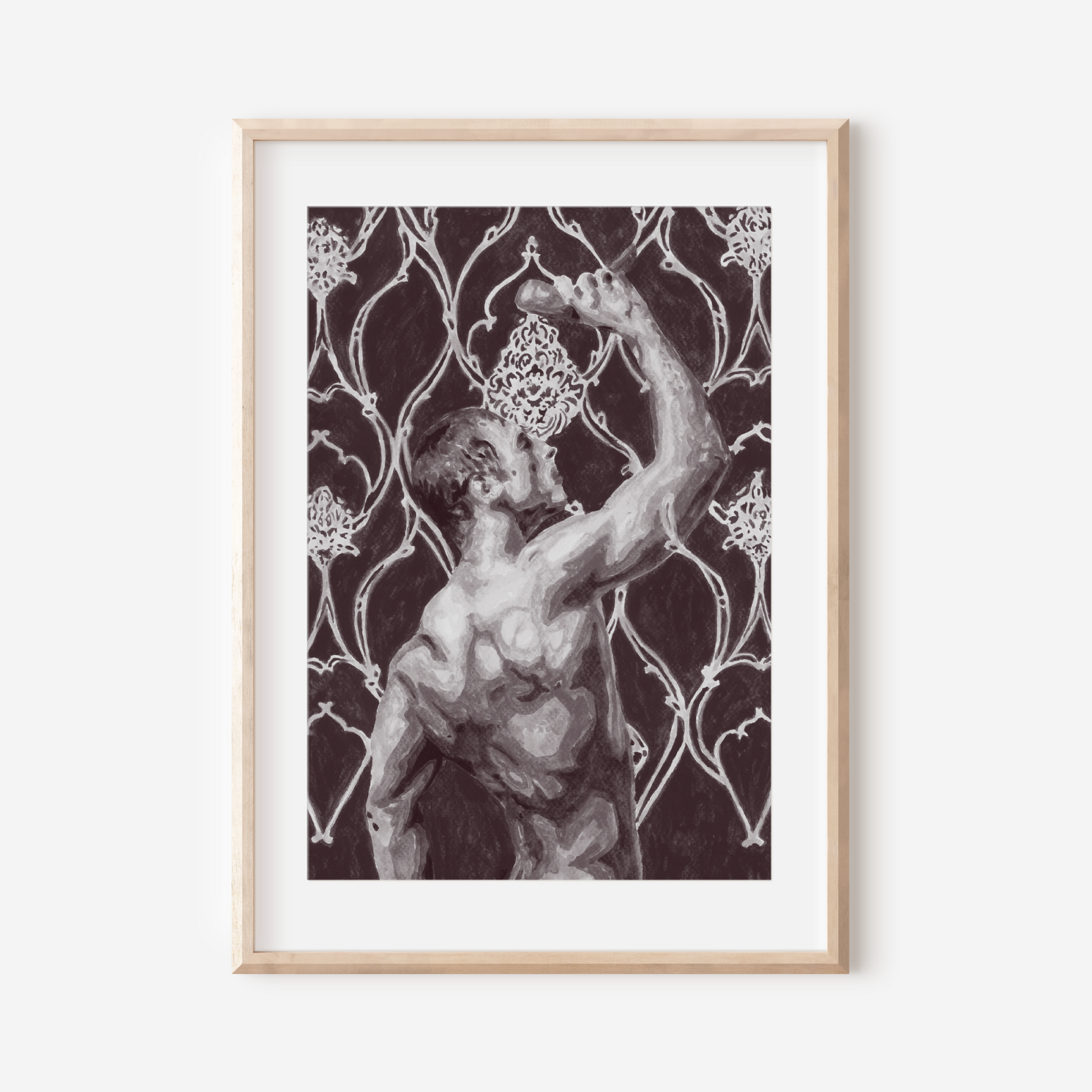 Framed artwork of a classical statue against a decorative patterned background