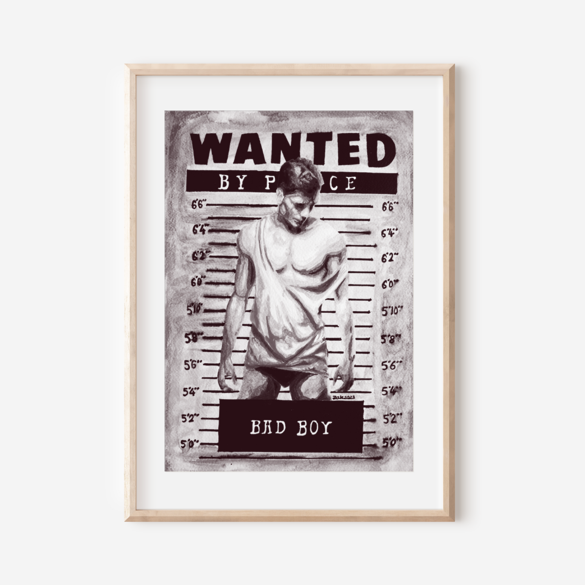 Framed 'Wanted' poster with a person in a mugshot style on a white background