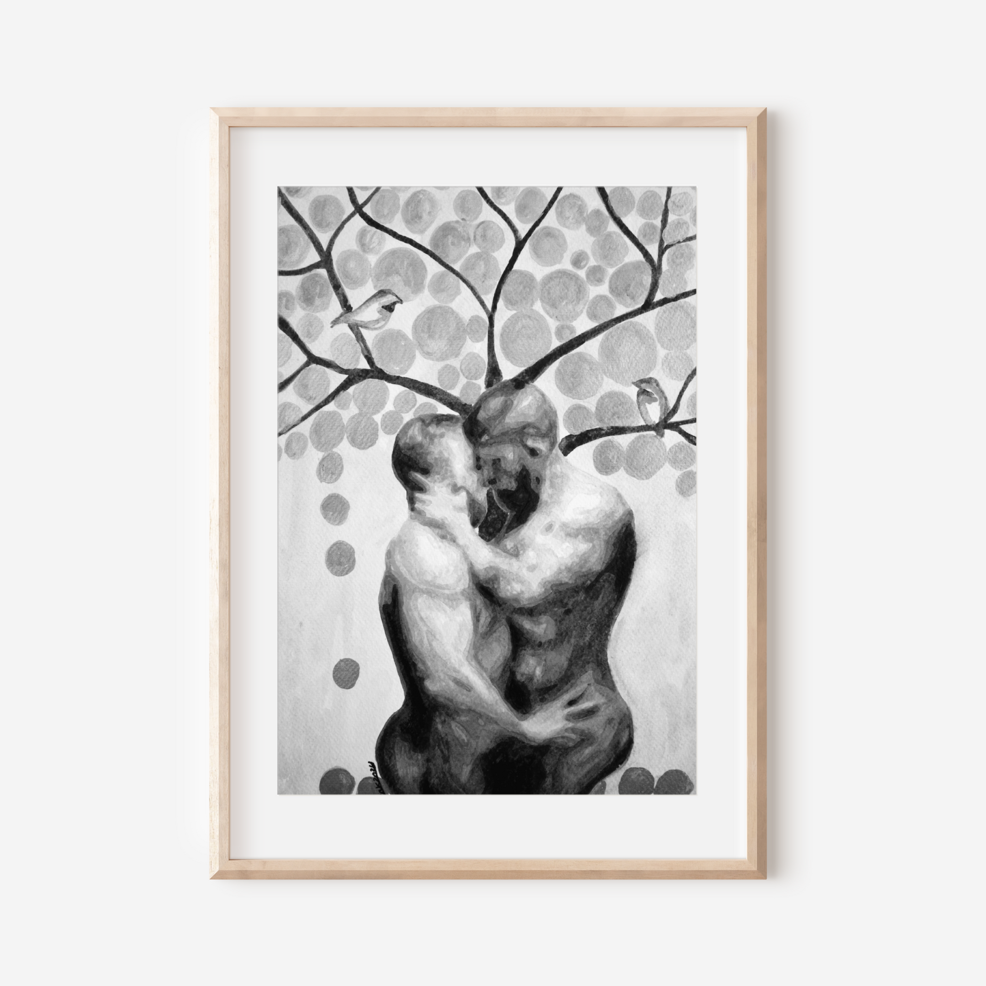 Black and white watercolor painting of two nude men embracing under a tree, with birds and surrounding leaves, expressing queer love, tenderness, and connection. Original Zak Pop Art.