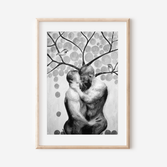 Black and white watercolor painting of two nude men embracing under a tree, with birds and surrounding leaves, expressing queer love, tenderness, and connection. Original Zak Pop Art.