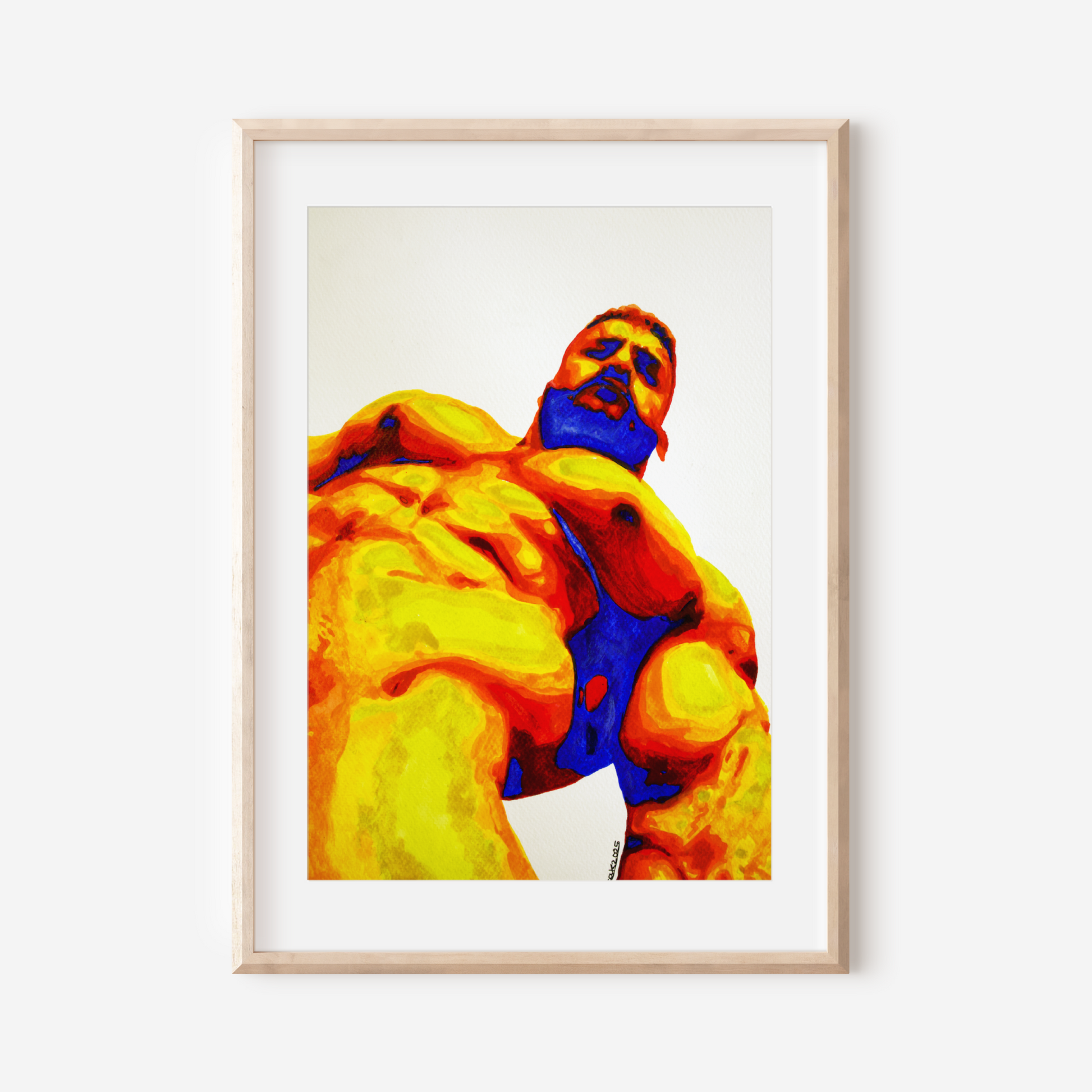 Bold watercolor painting of a muscular nude male viewed from a low angle, using vivid heatmap colors—yellow, red, and blue—symbolizing queer strength and sensuality, by Zak Pop Art.
