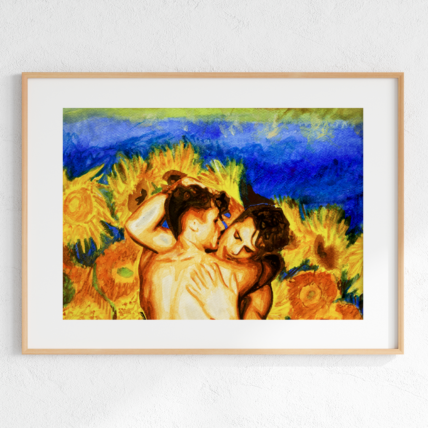 Framed artwork of two figures embracing with sunflowers on a white wall