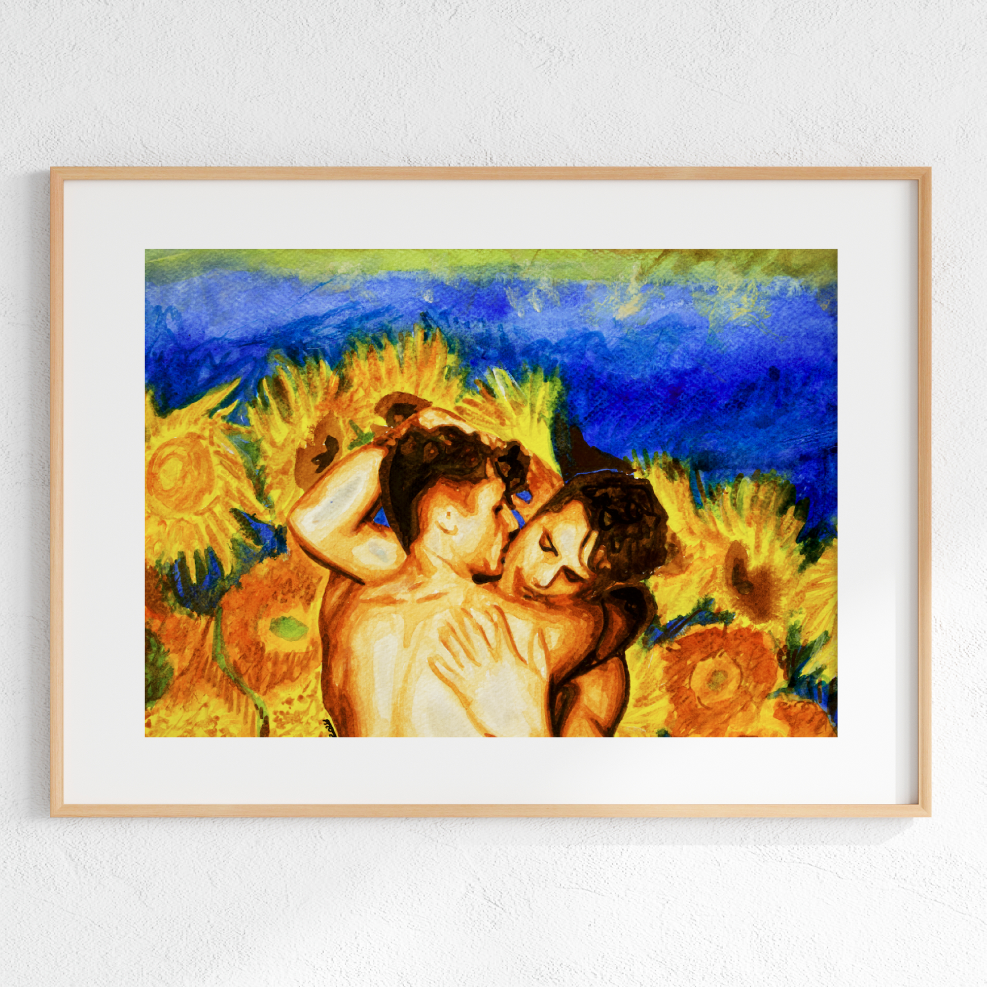 Framed artwork of two figures embracing with sunflowers on a white wall