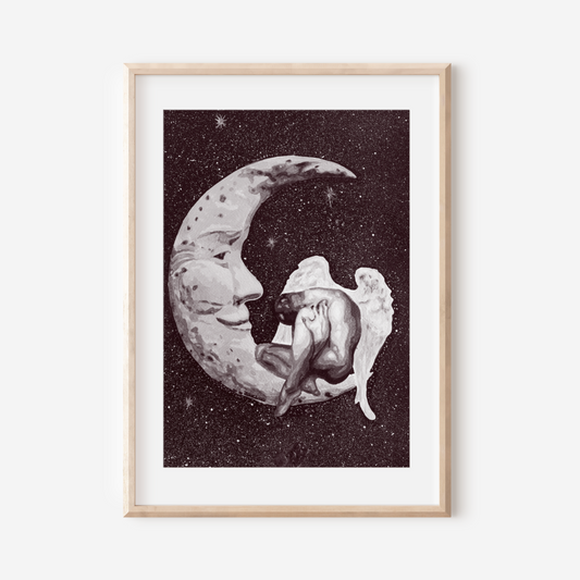 Framed artwork of a woman and angel on a crescent moon against a starry background