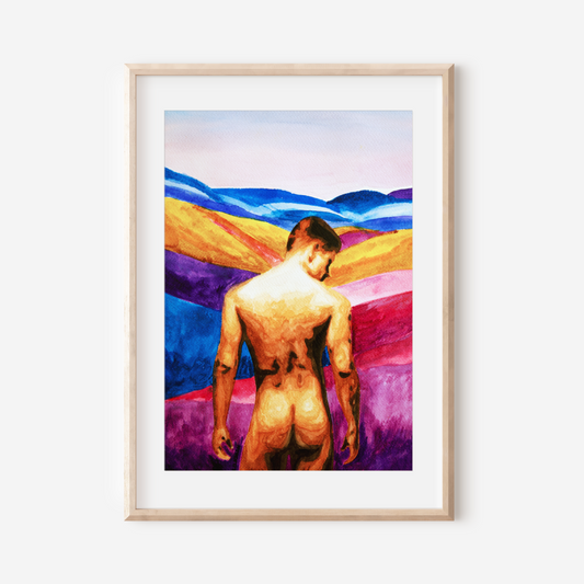 Print of a nude man seen from behind, showing his bare back and buttocks, gazing toward distant, imaginary colorful hills. Minimalist yet expressive LGBTQ+ art print.