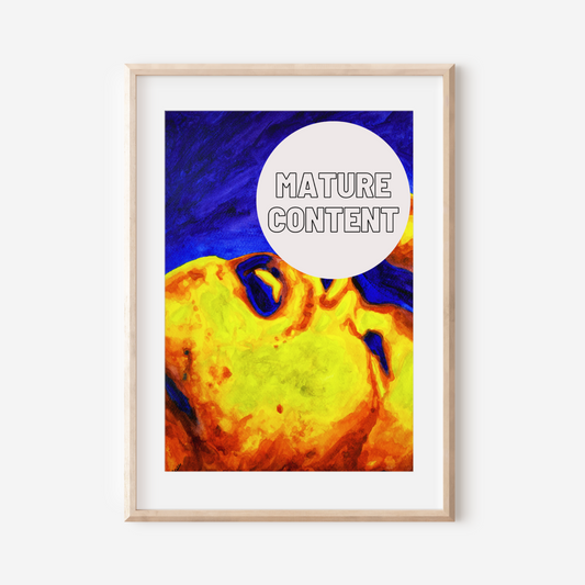 Watercolor painting of two men in an intimate moment, one gazing upward toward the other’s muscular body. A sensual queer artwork by Zak Pop Art.