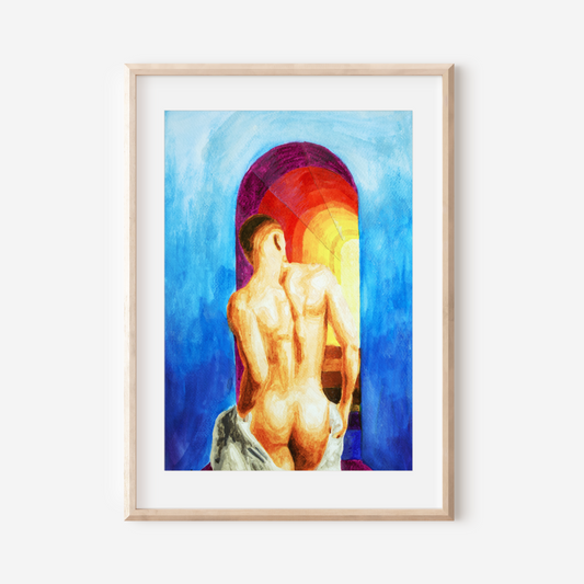 
Watercolor painting of a nude male from behind walking up stairs into the sky, with a rainbow and bright blue sky in the background.