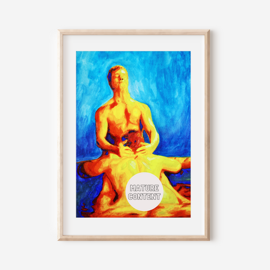 A romantic watercolor painting of two nude men sharing an intimate moment in a golden-lit jacuzzi. One man sits peacefully in the water while the other gently leans forward in a tender gesture of closeness and affection. The background features soft golden tones and delicate floral details, creating a dreamy and emotionally warm atmosphere that honors queer love and connection.