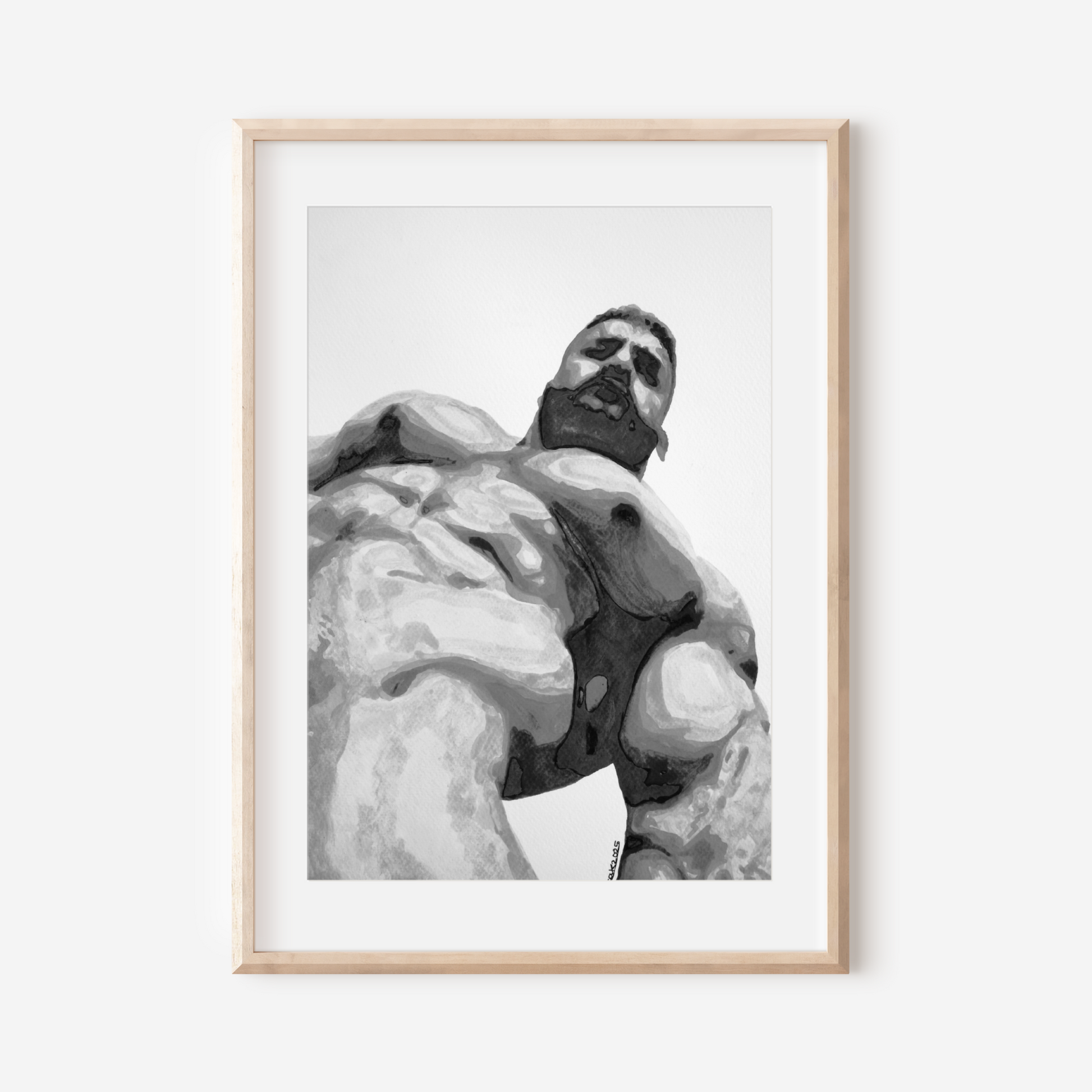 Black and white erotic watercolor art print of a muscular nude male, created by Zak Pop Art. Bold queer artwork highlighting form and sensuality in a minimalist style.