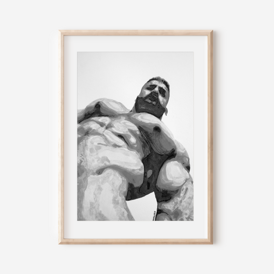 Black and white erotic watercolor art print of a muscular nude male, created by Zak Pop Art. Bold queer artwork highlighting form and sensuality in a minimalist style.