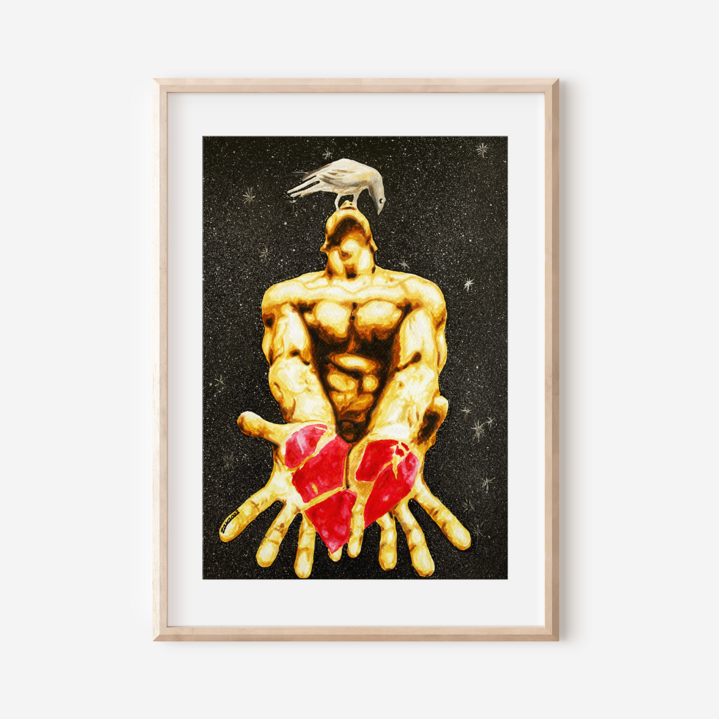 Framed artwork of a muscular figure holding red hearts against a black background with a white border.