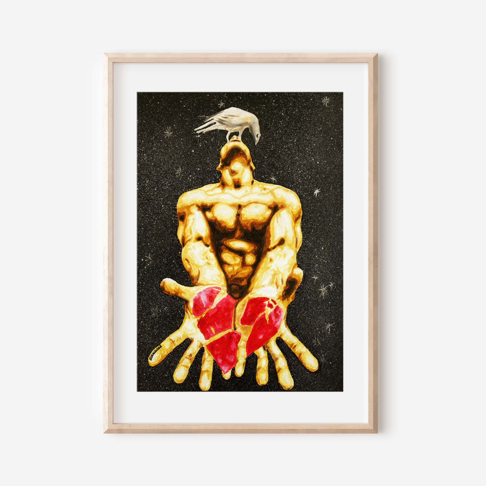 Framed artwork of a muscular figure holding red hearts against a black background with a white border.