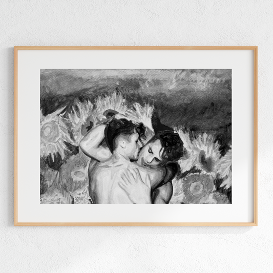 Framed black and white artwork of two people embracing on a textured background