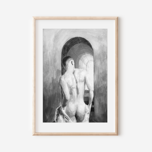 Black and white watercolor of nude male walking up sky stairs with tonal rainbow and cloudy sky, viewed from behind.