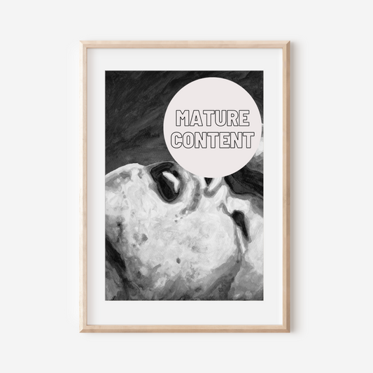 Black and white watercolor of two men, one gazing upward toward another’s body. A minimalist and sensual LGBTQ+ artwork by Zak Pop Art.