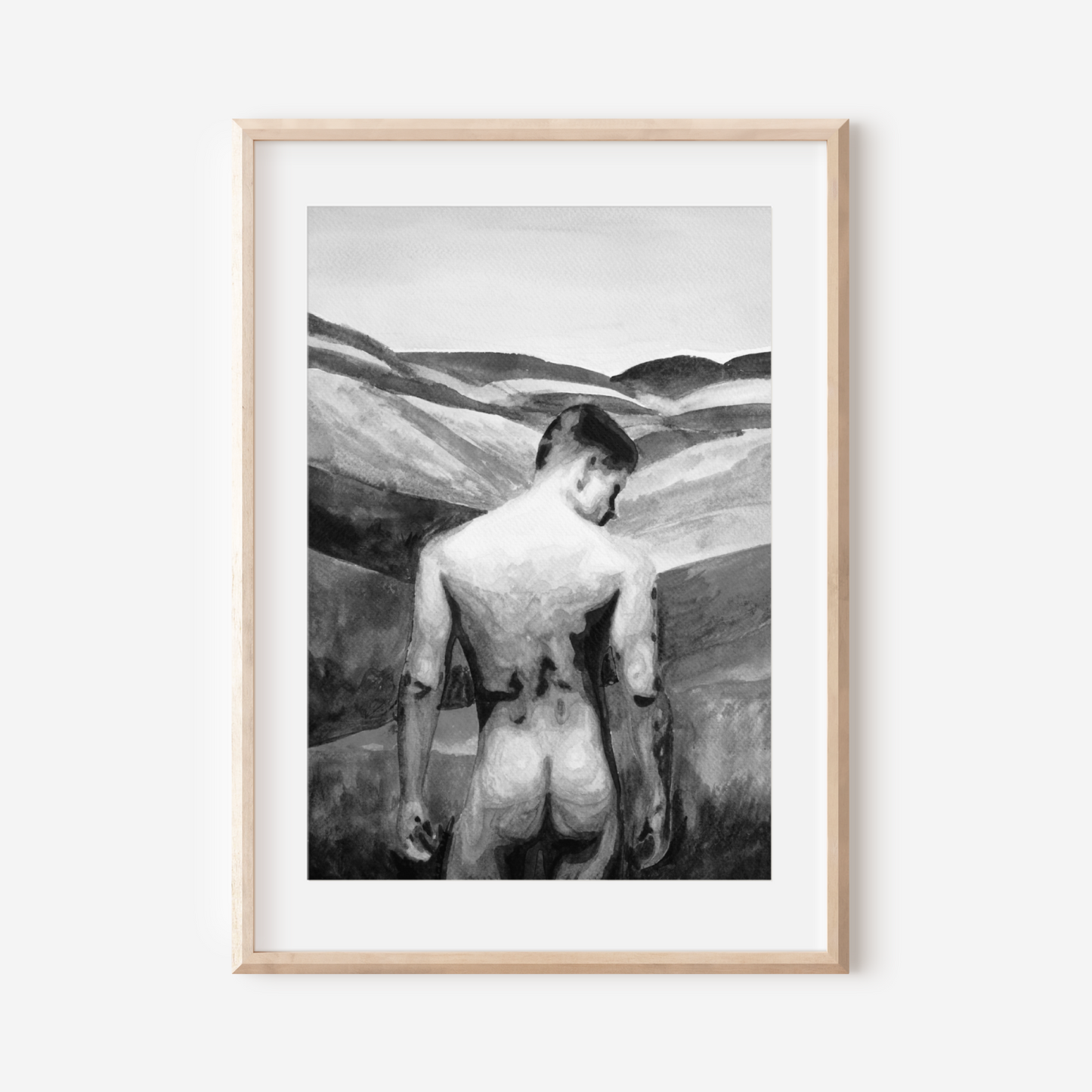 Framed artwork of a nude figure with a landscape background on a white wall