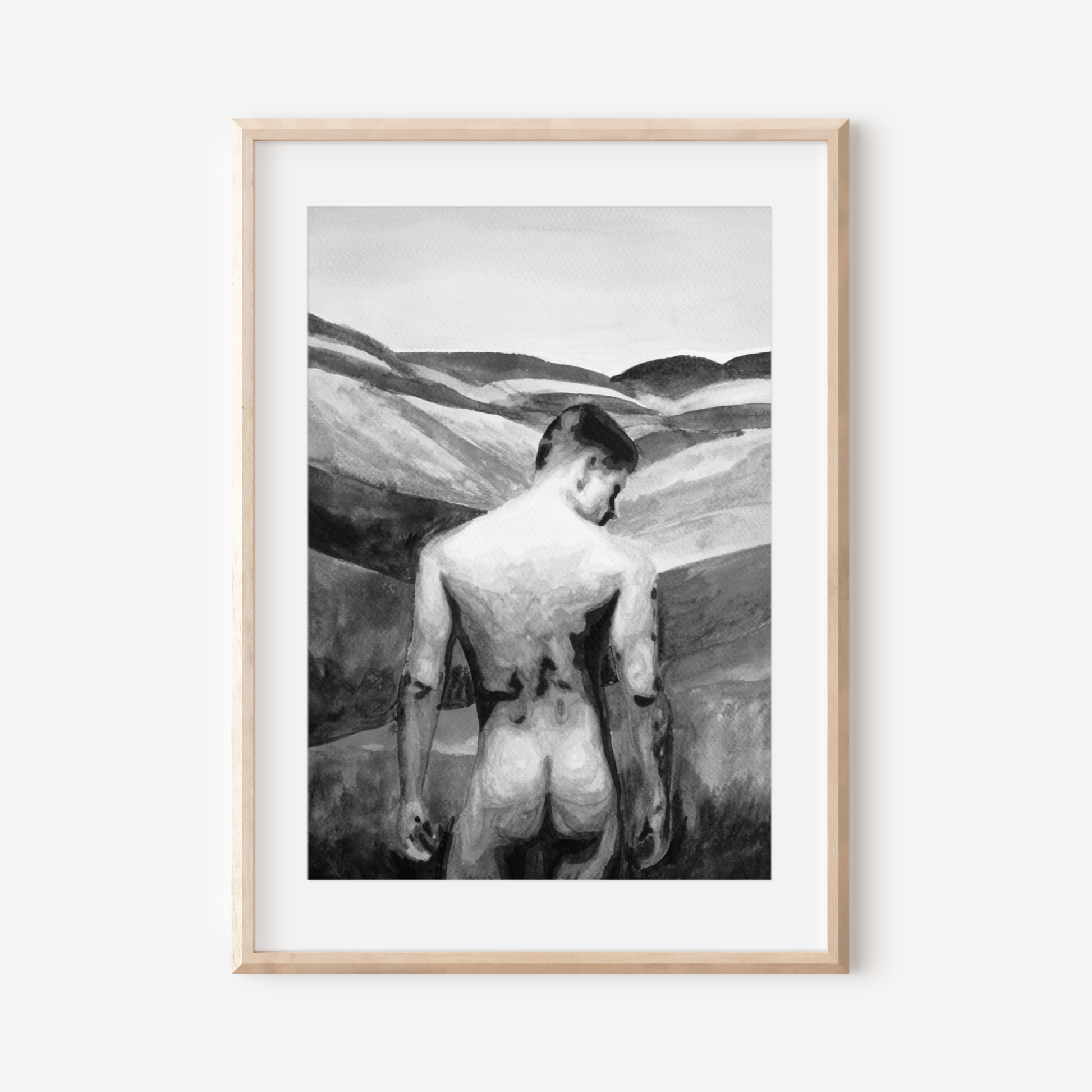 Framed artwork of a nude figure with a landscape background on a white wall
