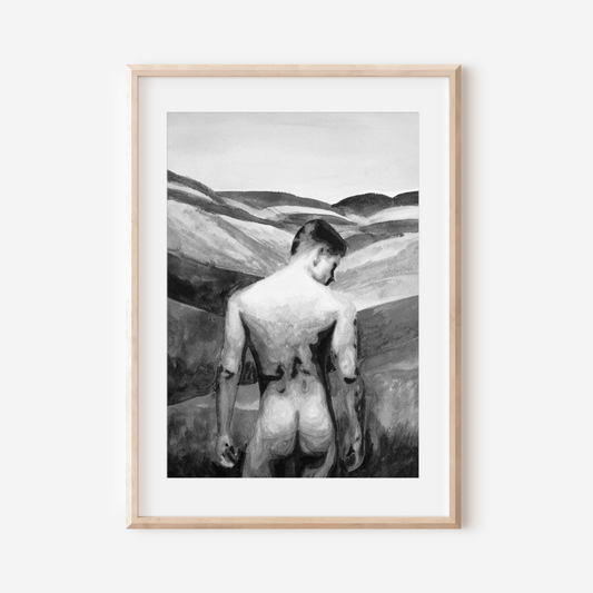 Framed artwork of a nude figure with a landscape background on a white wall