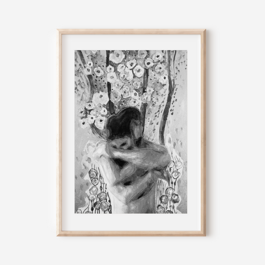 Black and white watercolor of two nude men in an intimate embrace under a tree, expressing calm, love, and queer connection.
