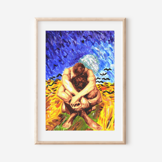 Framed artwork of a person sitting on a sunflower field with a blue sky.