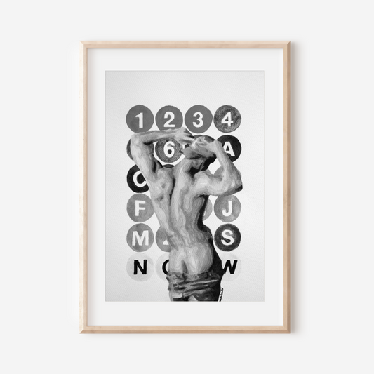 Framed artwork with a stylized depiction of a figure and alphabet letters on a white background