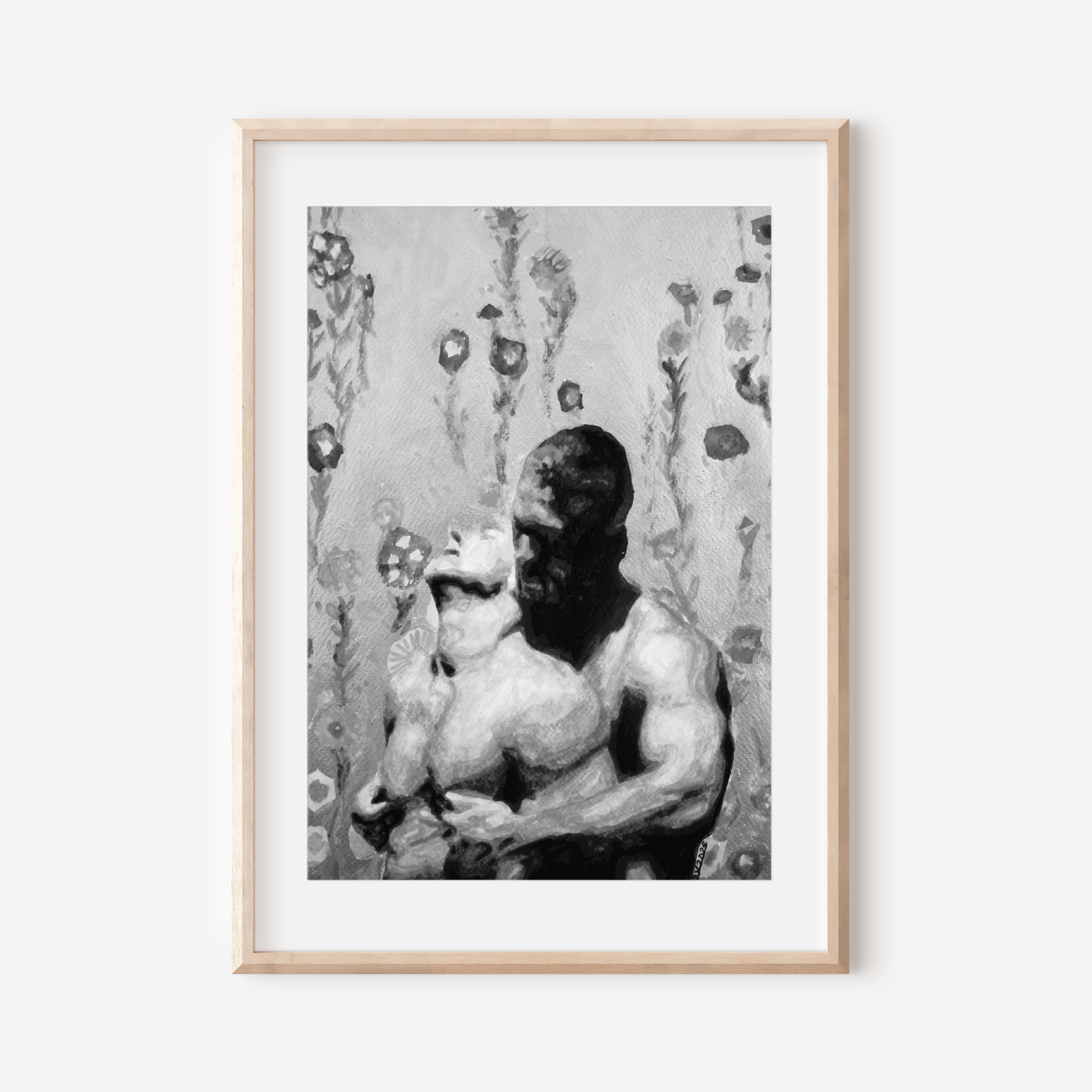 Black and white watercolor of a gay man hugging and kissing his partner's neck from behind. The background shows a grayscale floral pattern inspired by classic shower curtains, creating a sense of quiet domestic queer intimacy.