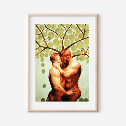 Watercolor painting of two nude men embracing under a tree with golden leaves and two birds, symbolizing queer love, peace, and connection in nature. Original Zak Pop Art.