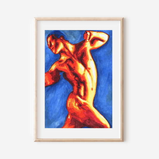 Framed artwork of a nude figure with a colorful abstract design on a white wall.