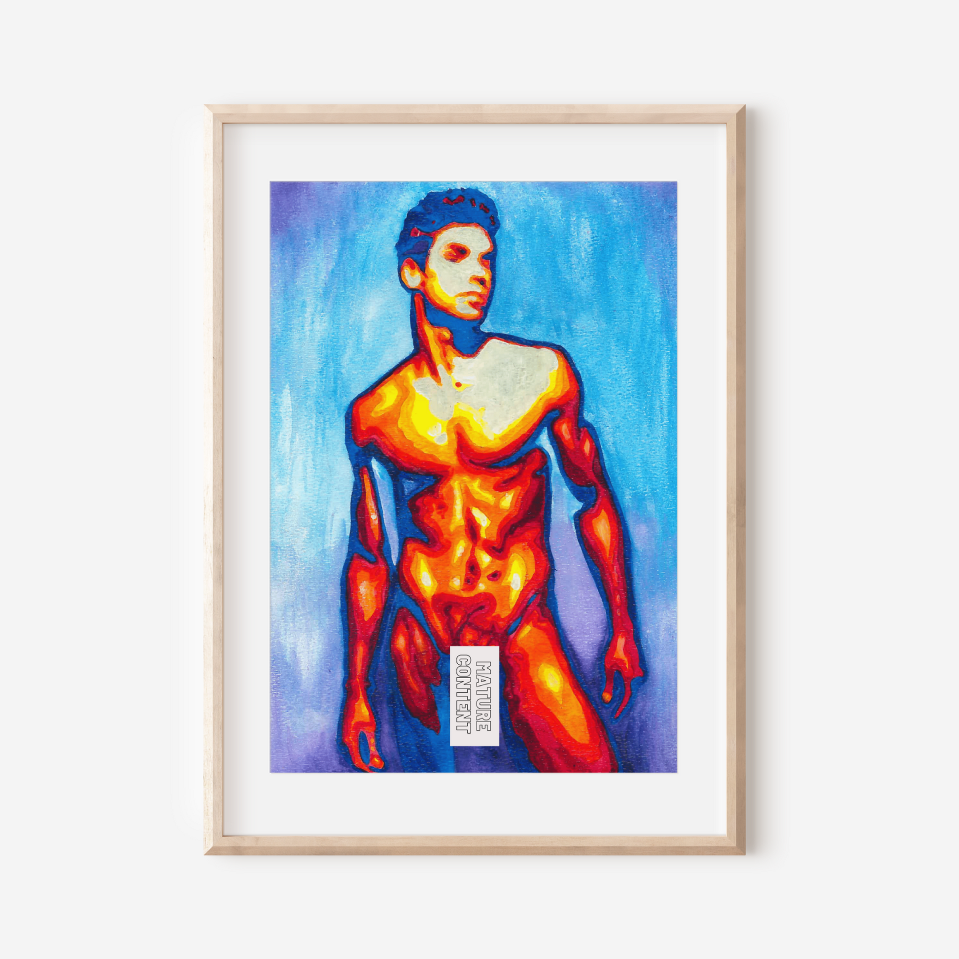 Framed artwork of a shirtless man with a blue cap on a white wall