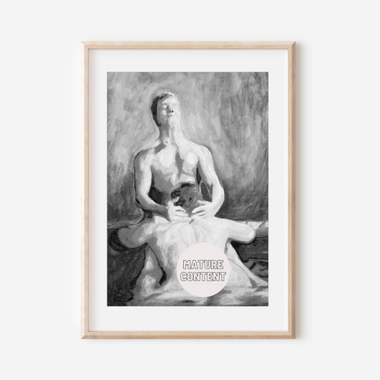 Black and white watercolor artwork of a romantic gay couple in a jacuzzi; one man is sitting nude while the other leans forward in an intimate embrace. A tasteful and emotional LGBTQ+ art piece by Zak Pop Art.