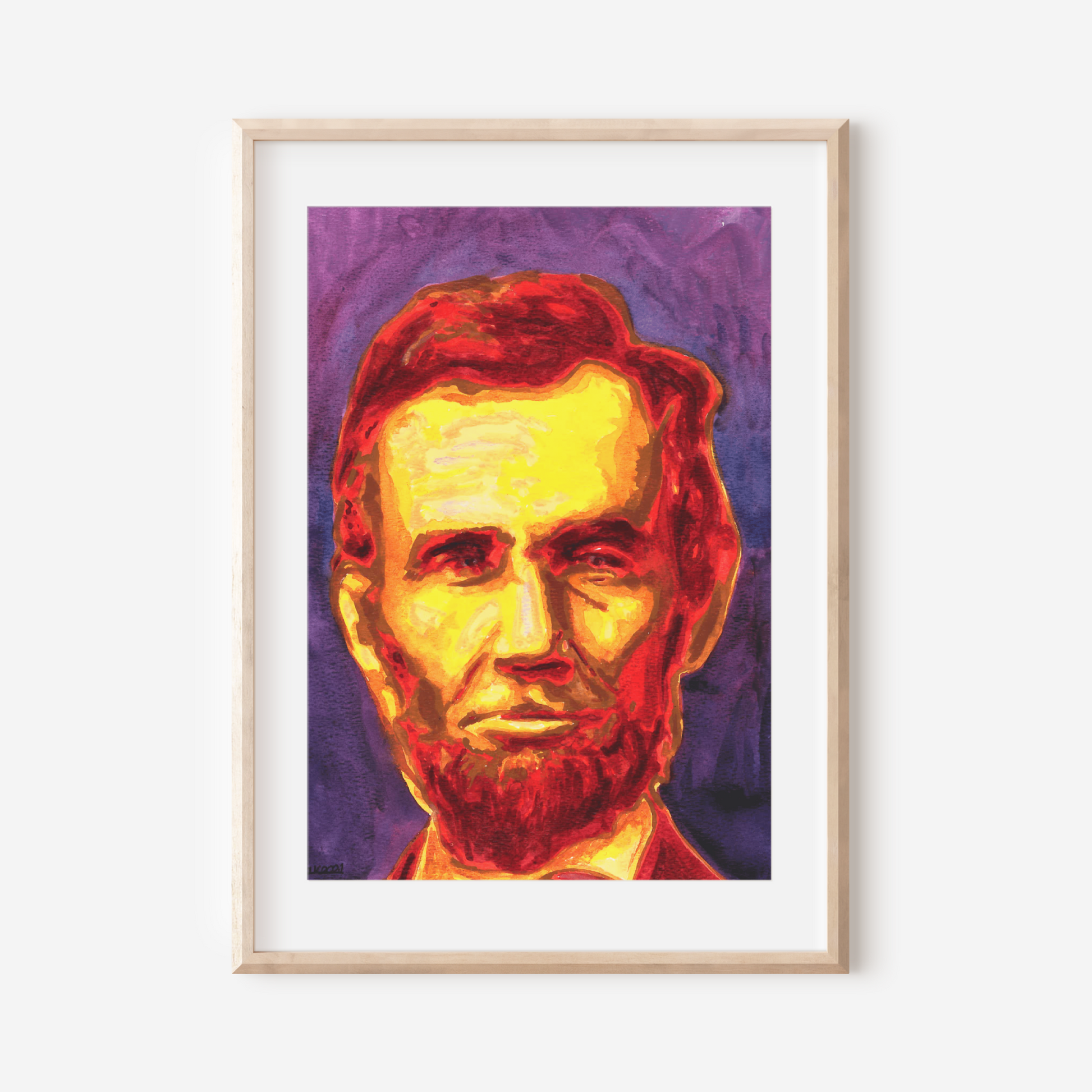 Framed colorful portrait of a historical figure on a white wall