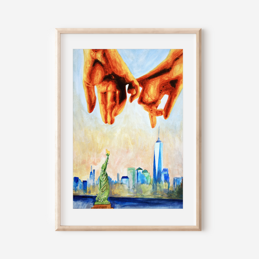 Watercolor painting of a gay couple making a pinky promise, with their hands interlocked in the foreground. Behind them, the New York City skyline and the Statue of Liberty appear under a soft pink sky. LGBTQ+ pride colors are subtly blended into the artwork, symbolizing queer love and freedom.