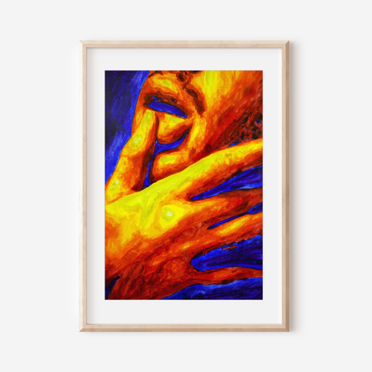 Watercolor painting of a side-profile portrait of a queer man touching his lips with his finger in a sensual gesture, with bold warm and cool tones.