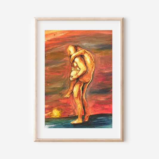 Framed artwork of two nude figures embracing against a colorful background.