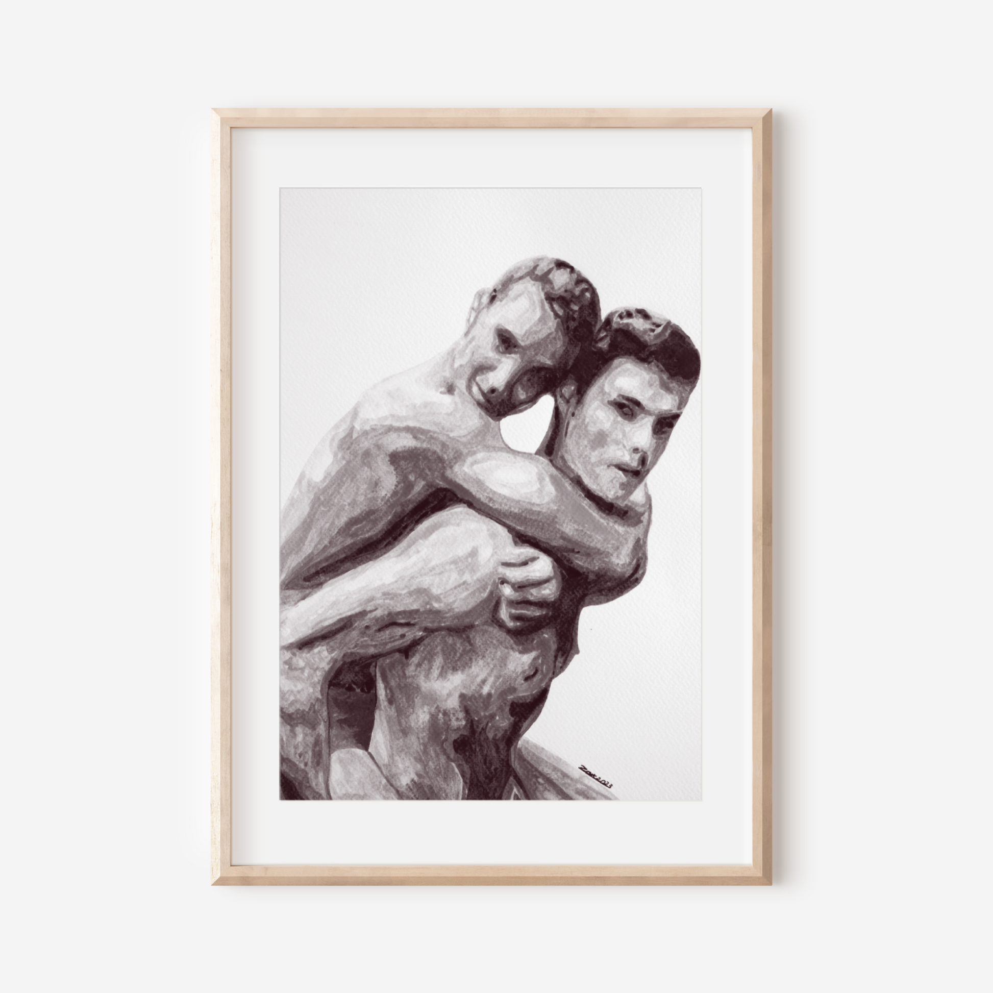 Framed artwork of two embracing figures on a white background