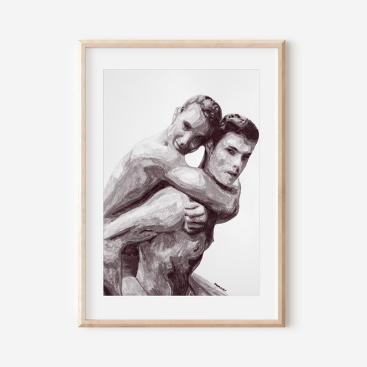 Framed artwork of two embracing figures on a white background
