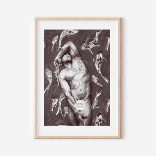 Framed artwork of a nude figure with abstract elements on a white background